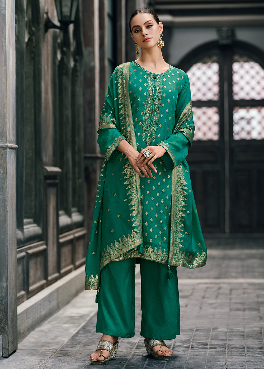 Munsell Green Designer Woven Viscose Organza Salwar Suit with Embroidery work: Top Pick