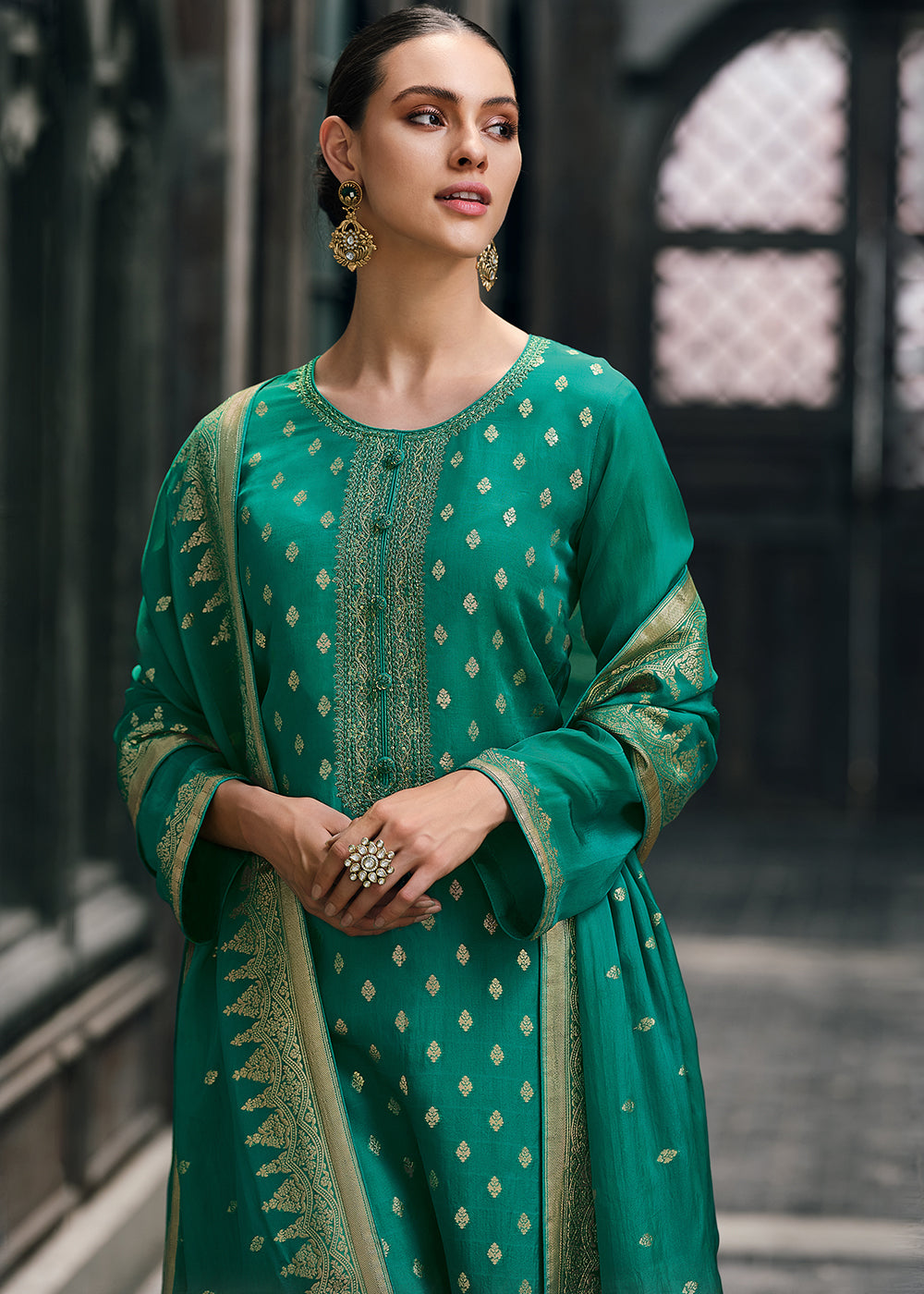 Munsell Green Designer Woven Viscose Organza Salwar Suit with Embroidery work: Top Pick