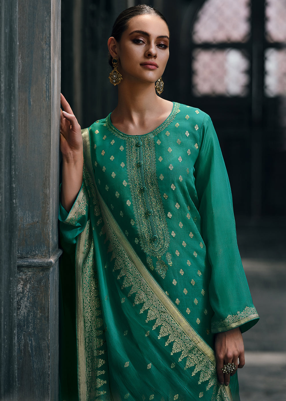 Munsell Green Designer Woven Viscose Organza Salwar Suit with Embroidery work: Top Pick