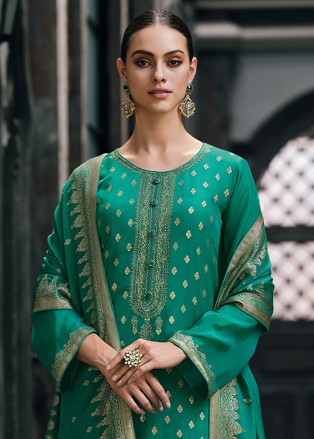 Munsell Green Designer Woven Viscose Organza Salwar Suit with Embroidery work: Top Pick