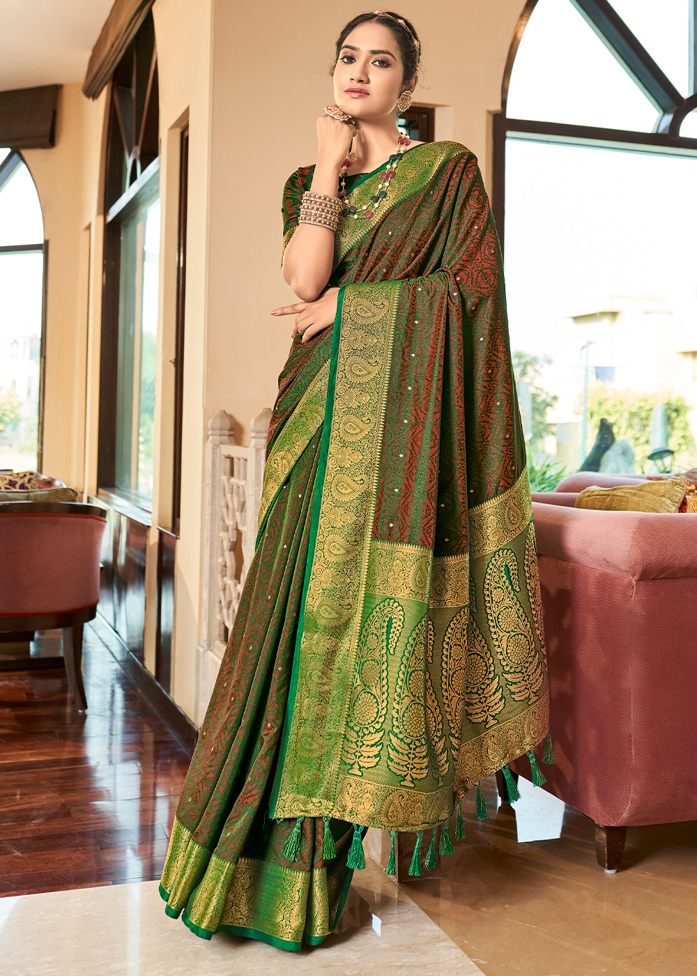 Slimy Green Woven Two Tone Soft Silk Saree