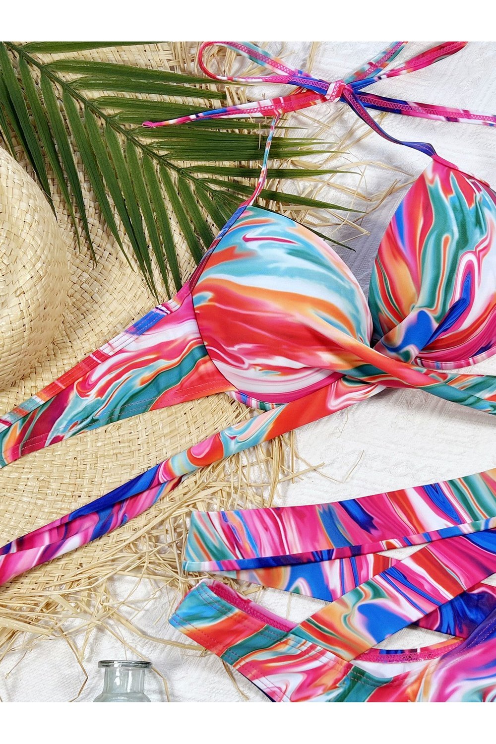 Abstract Print Halter Neck Crisscross Bikini Set