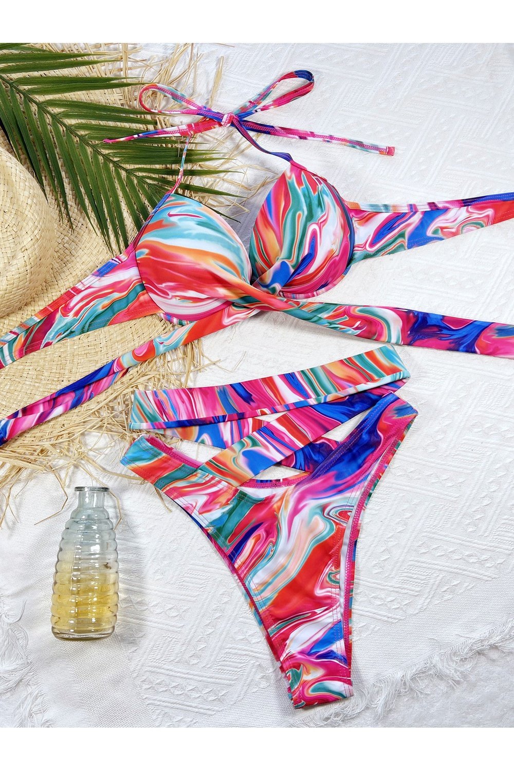 Abstract Print Halter Neck Crisscross Bikini Set