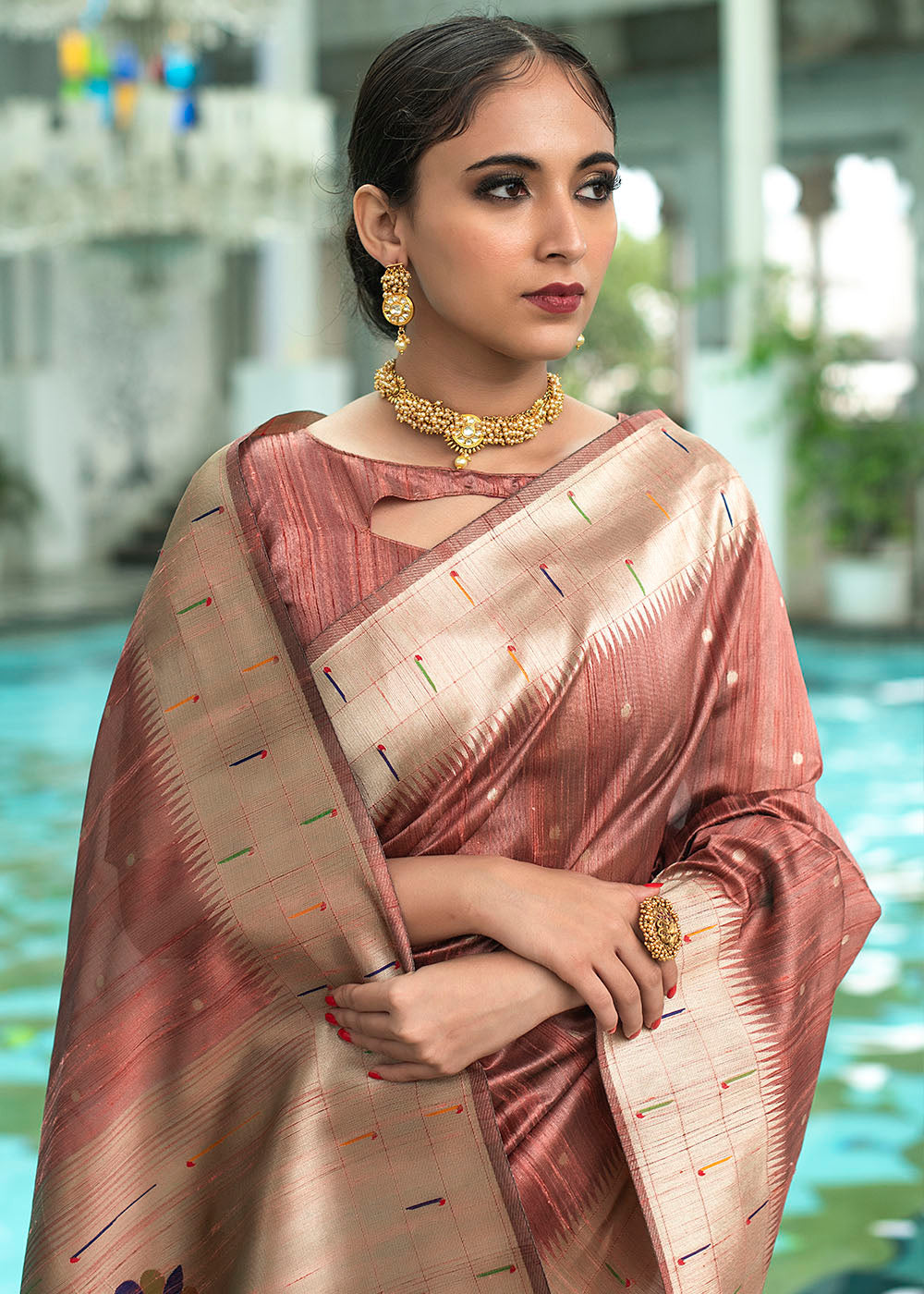 Bronze Brown Zari Woven Tussar Silk Saree having Paithani Design Pallu