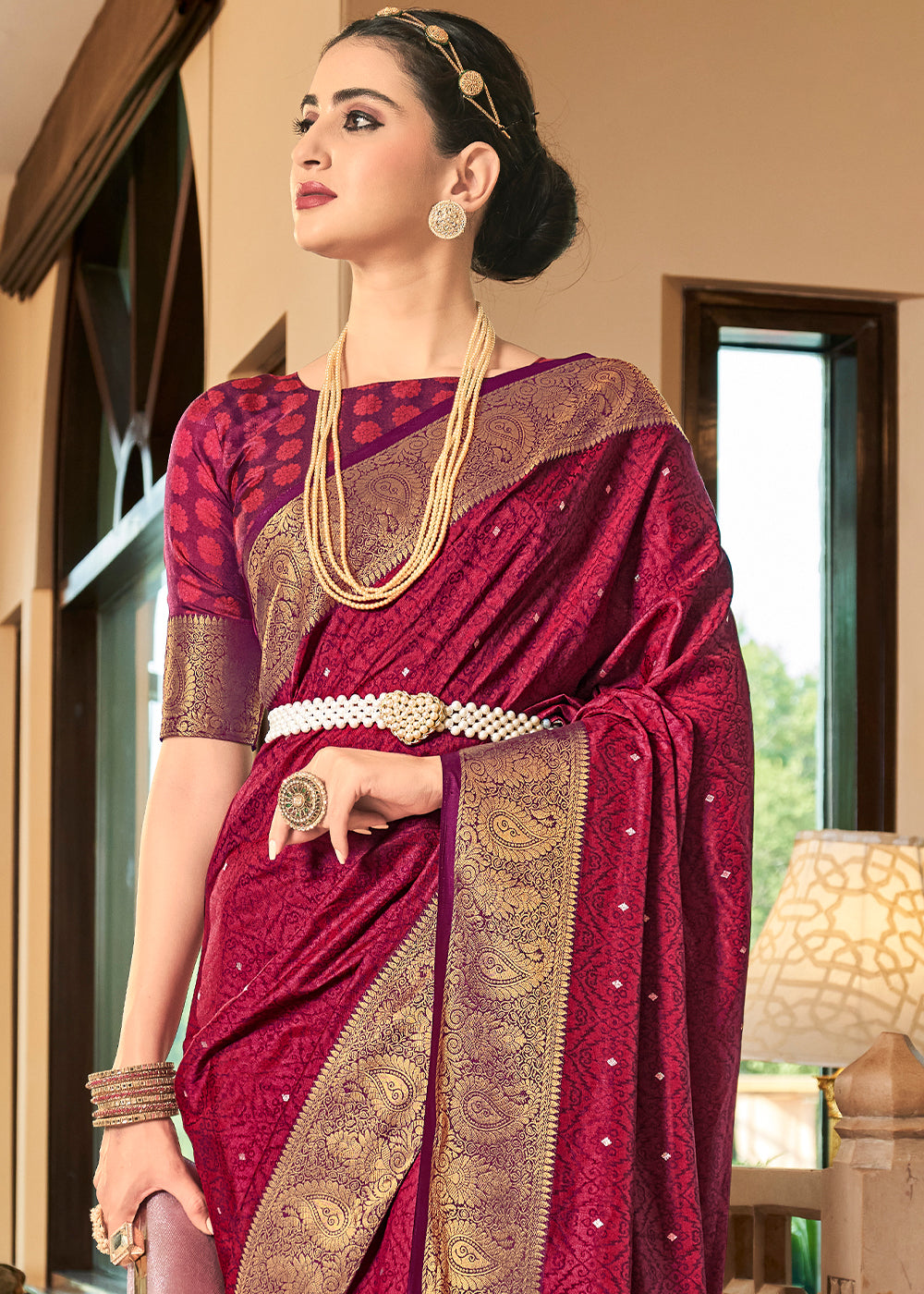 Magenta Pink Woven Two Tone Soft Silk Saree