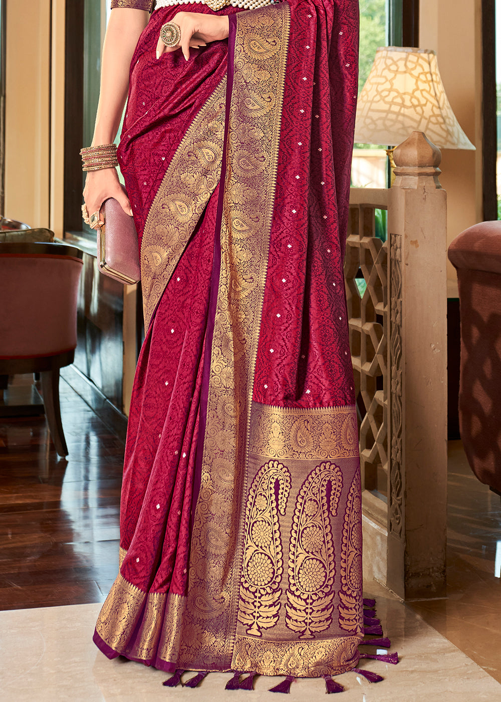 Magenta Pink Woven Two Tone Soft Silk Saree