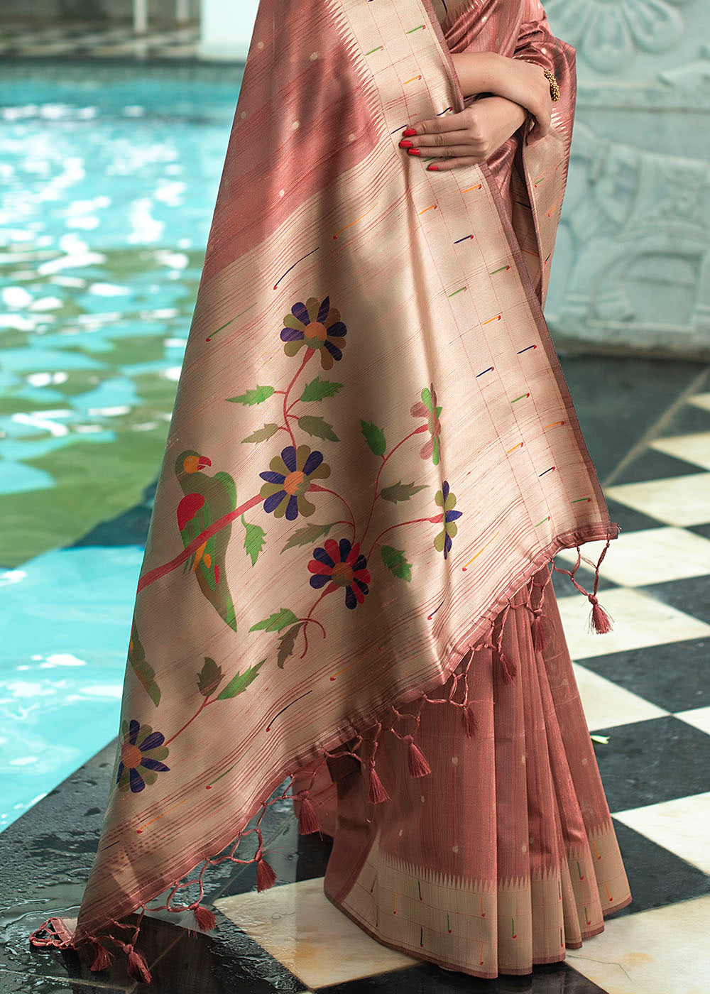 Bronze Brown Zari Woven Tussar Silk Saree having Paithani Design Pallu