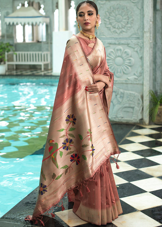 Bronze Brown Zari Woven Tussar Silk Saree having Paithani Design Pallu