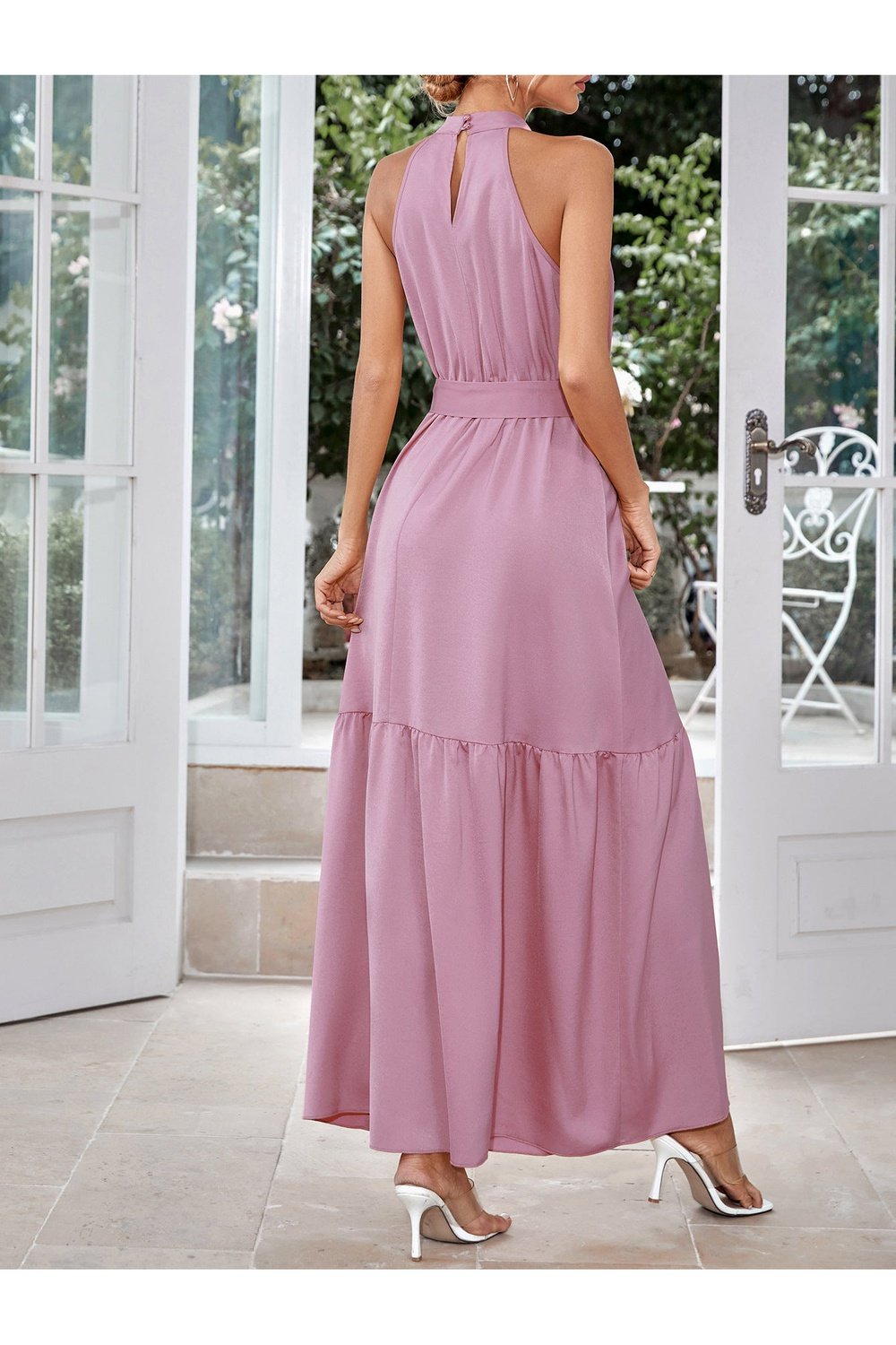 Belted Grecian Neck Tiered Maxi Dress