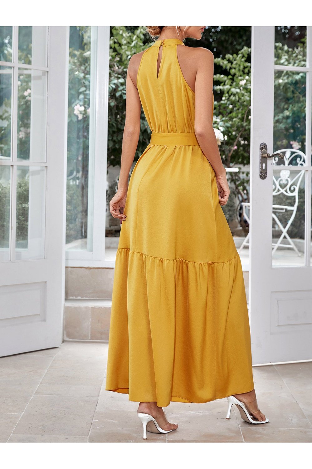 Belted Grecian Neck Tiered Maxi Dress