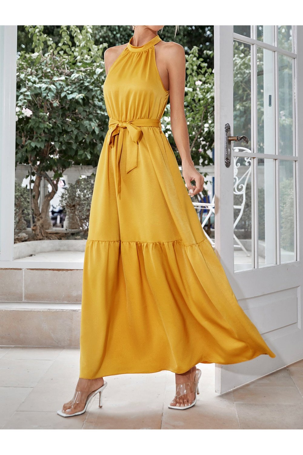Belted Grecian Neck Tiered Maxi Dress
