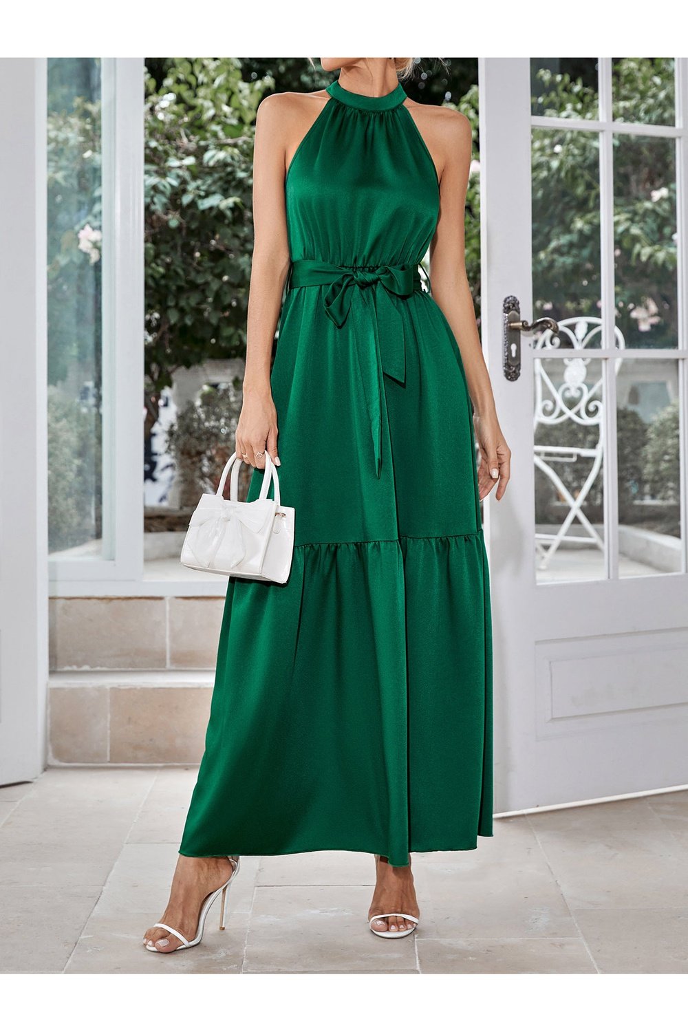 Belted Grecian Neck Tiered Maxi Dress