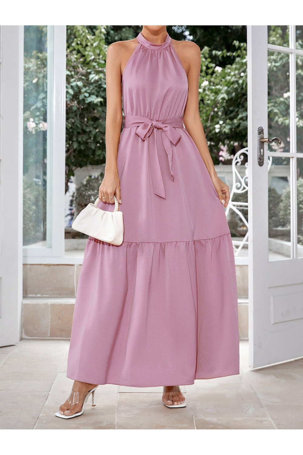 Belted Grecian Neck Tiered Maxi Dress