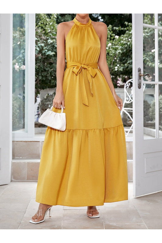 Belted Grecian Neck Tiered Maxi Dress
