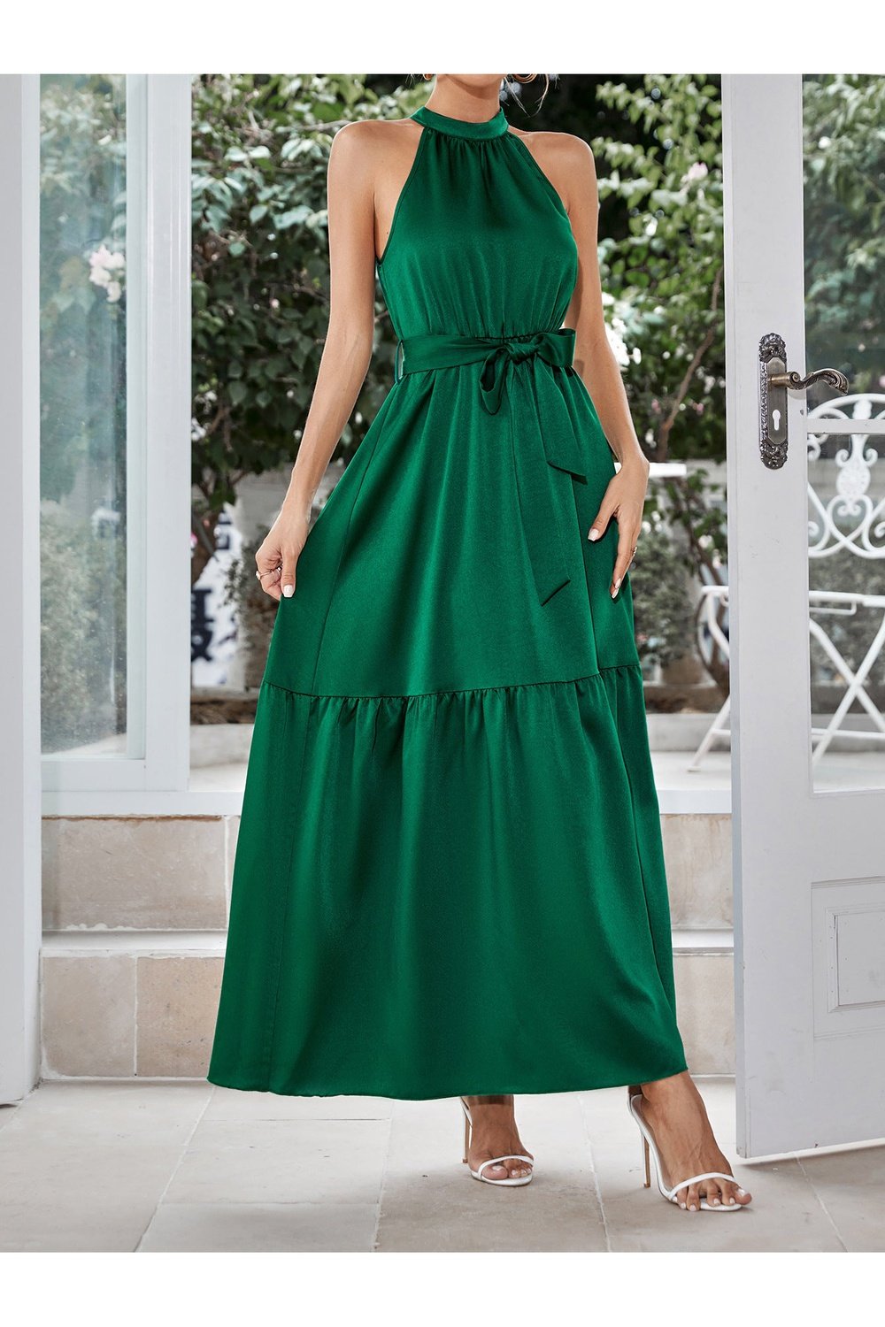 Belted Grecian Neck Tiered Maxi Dress