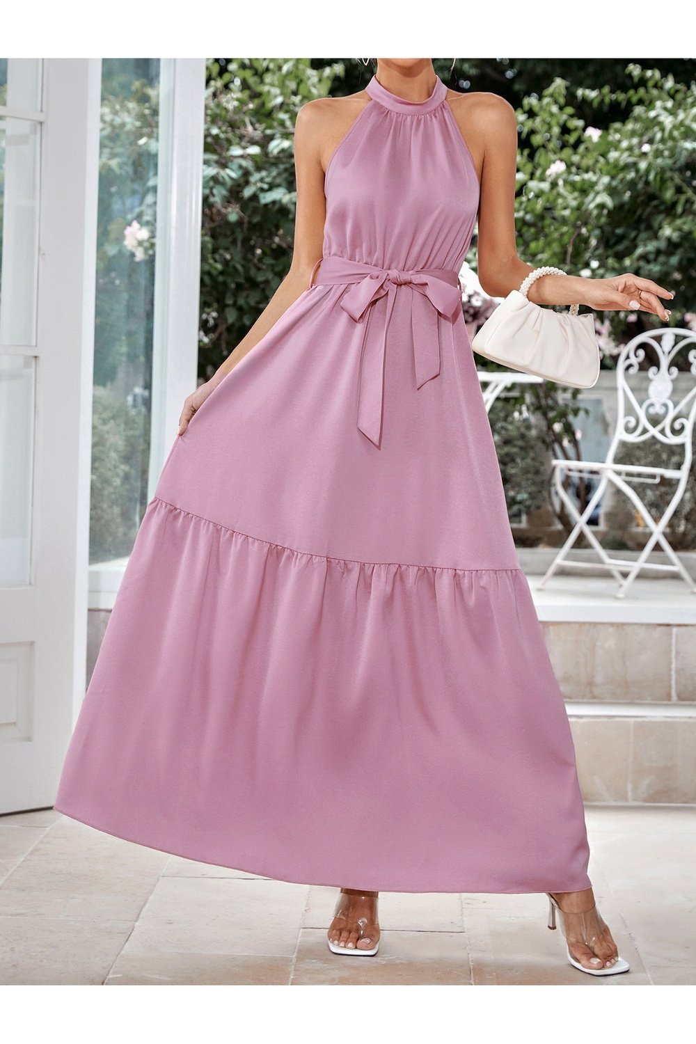 Belted Grecian Neck Tiered Maxi Dress