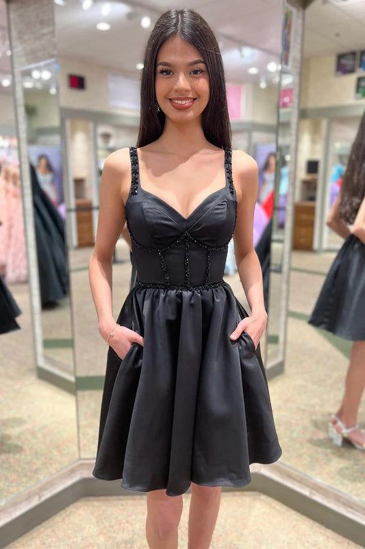 Black Beaded Corset Top Homecoming Dress with Pockets