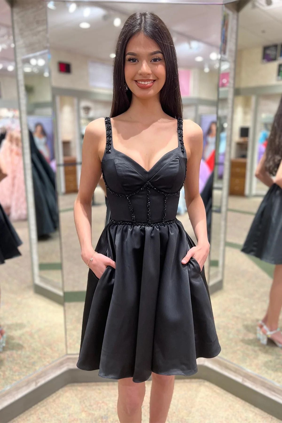 Black Short Satin Juniors Homecoming Dress with Pockets