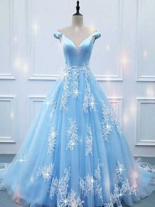 Blue Off Shoulders Lace Puffy Prom Dress ,21121321