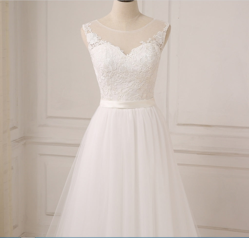 Boho Jewel Neck Tulle A-Line Lace Top Wedding Dress Flowy Summer Beach Wedding Dress #21011212