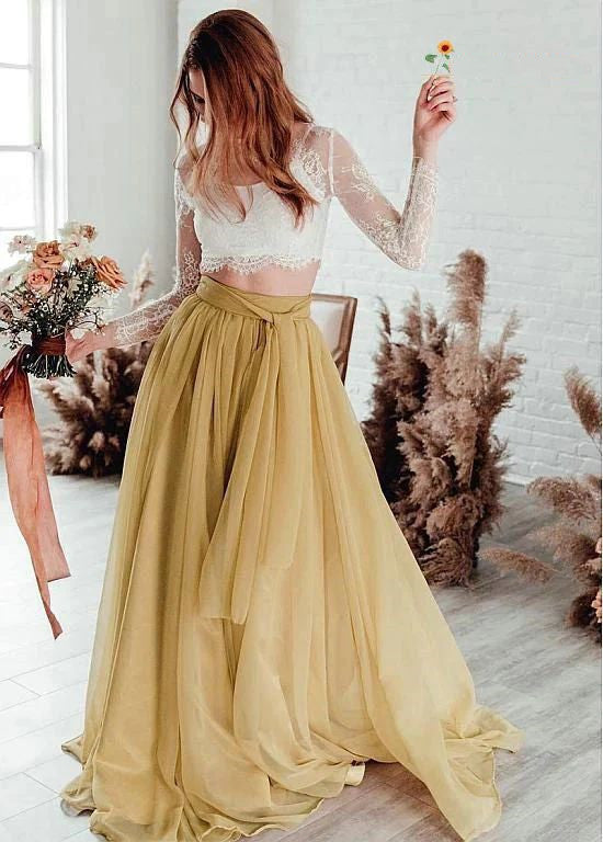 Boho Long Sleeve Lace Two Piece Wedding Dress
