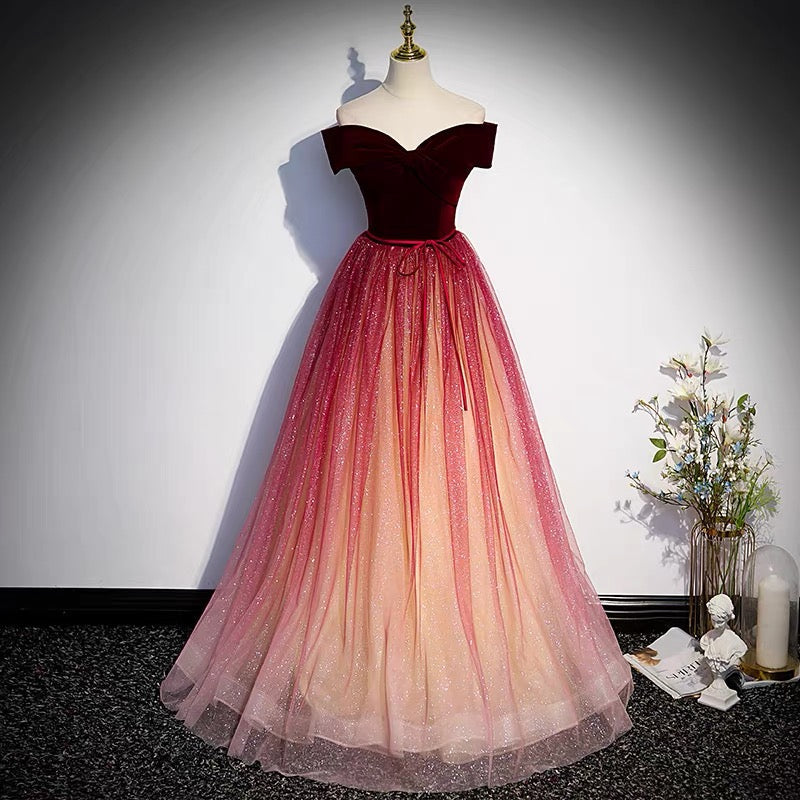 Burgundy Fairytale Off Shoulders Gradient Prom Dress