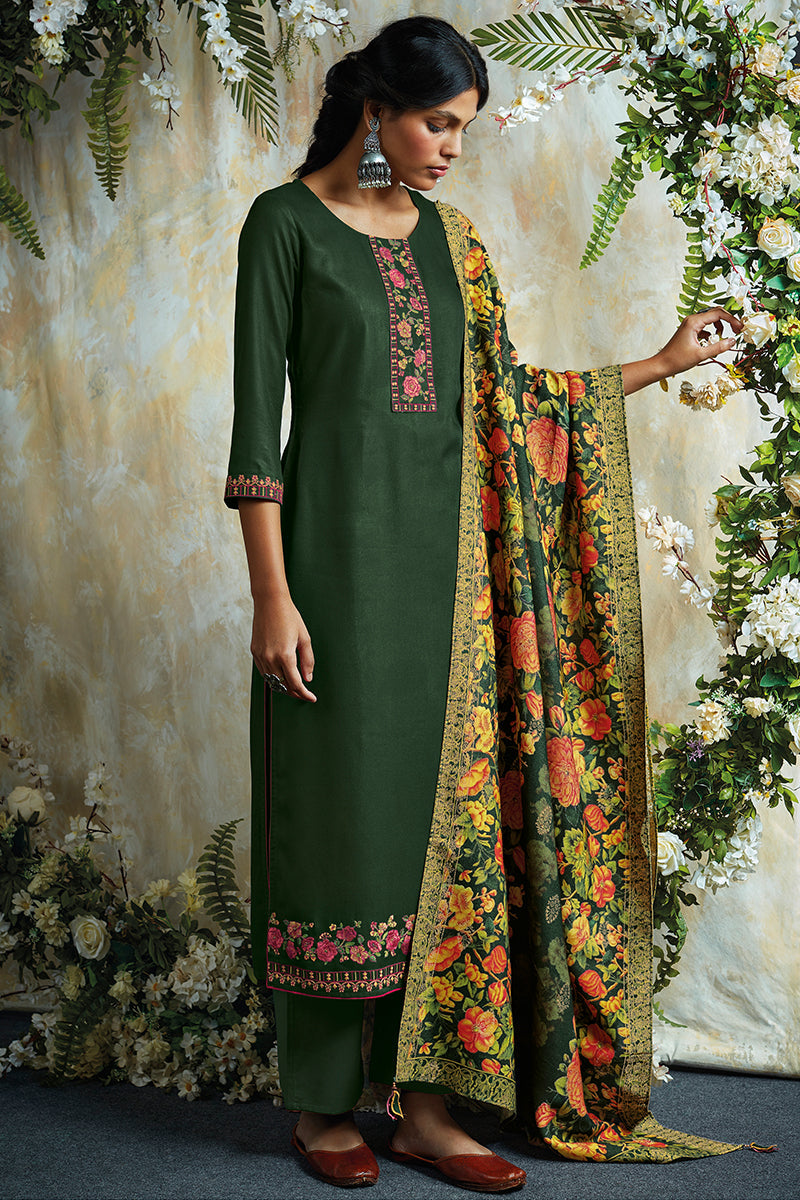 Green Pashmina Embroidered Top With Viscose Jacquard Printed Dupatta