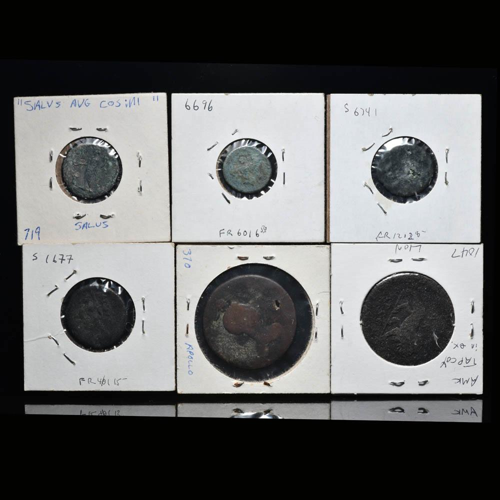 A group of 6 Greek and Roman bronze coins,  Late Classical - Roman Imperial Period, ca 450 BCE - 217 CE