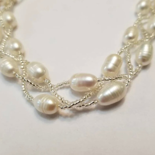 Three Strand Genuine White Freshwater Pearls and Glass Necklace