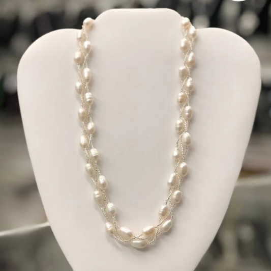 Three Strand Genuine White Freshwater Pearls and Glass Necklace