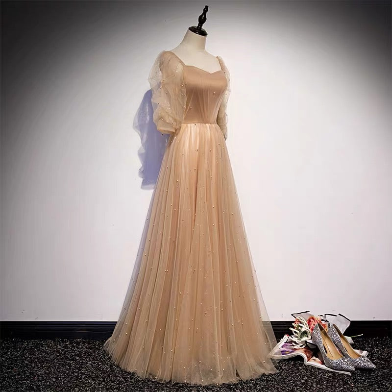Champagne Flowy Prom Dress with Sleeves , 21121401