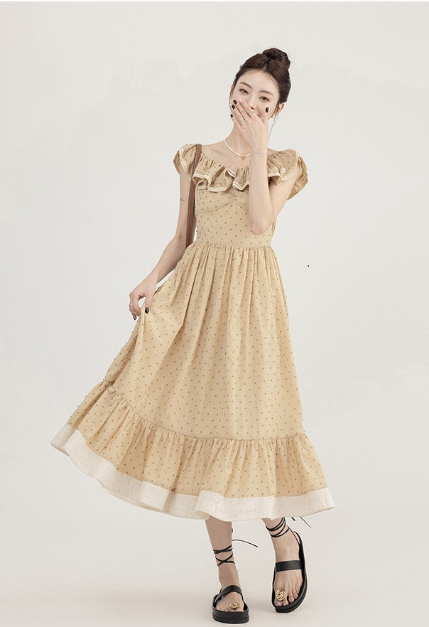 Champagne Polka Dot Round Neck Summer Vintage Swing Dress