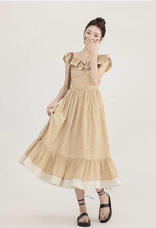 Champagne Polka Dot Round Neck Summer Vintage Swing Dress