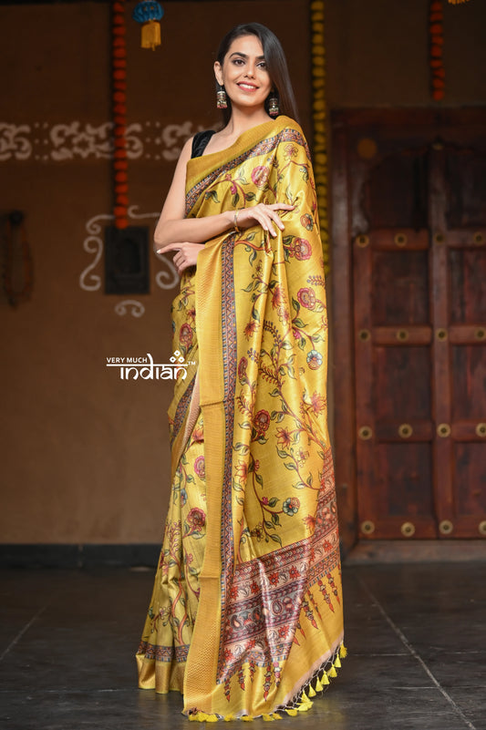 Raaga-Ochre Yellow Tussar Silk With Authentic Kalamkari Print and Beautiful Border