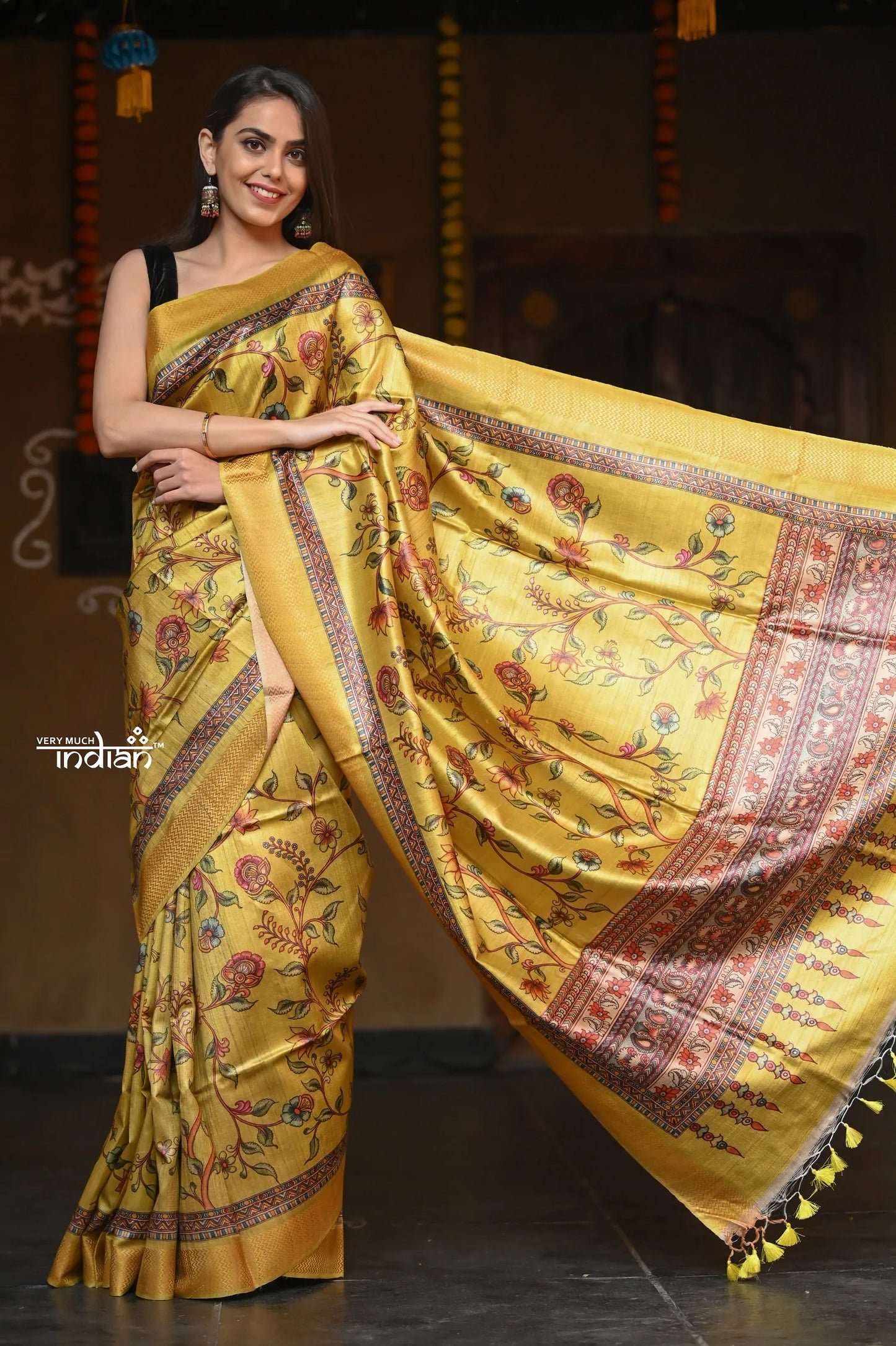 Raaga-Ochre Yellow Tussar Silk With Authentic Kalamkari Print and Beautiful Border