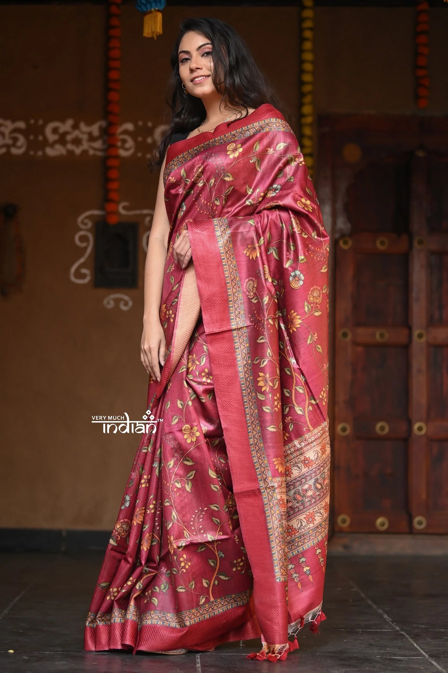 Raaga~  Ferrous Red Handloom Pure Tussar Silk with Floral Prints