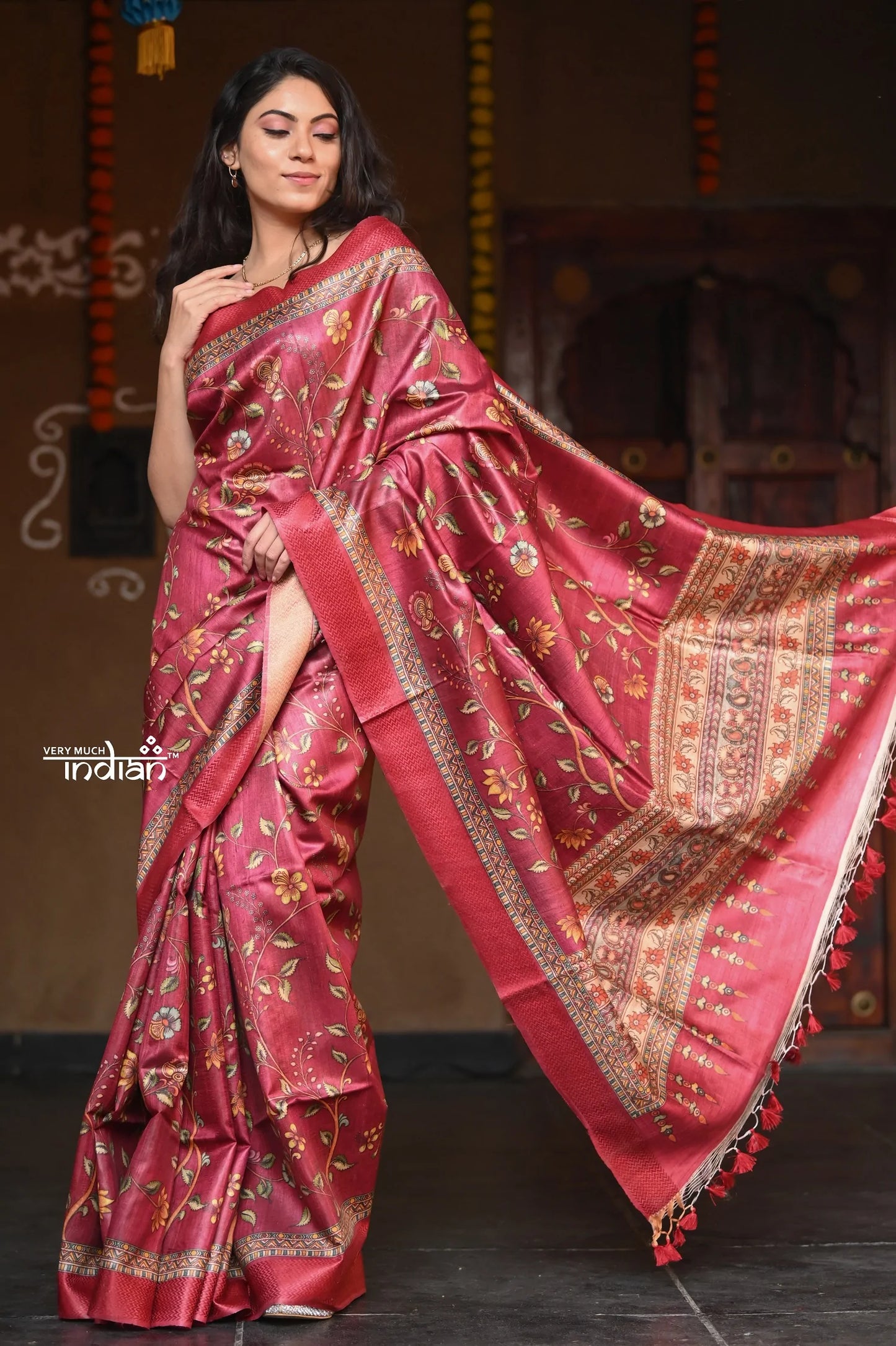 Raaga~  Ferrous Red Handloom Pure Tussar Silk with Floral Prints