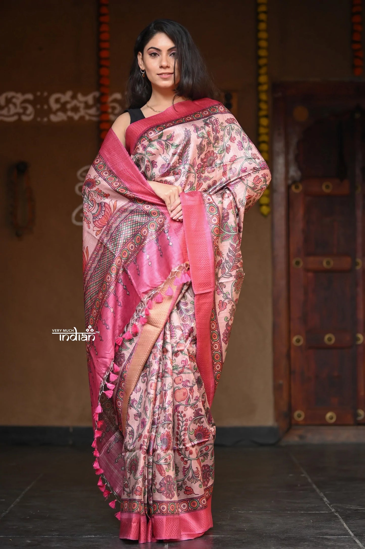 Raaga~  Beautiful Pastel Pink Handloom Pure Tussar Silk with Kalamkari and Floral Prints