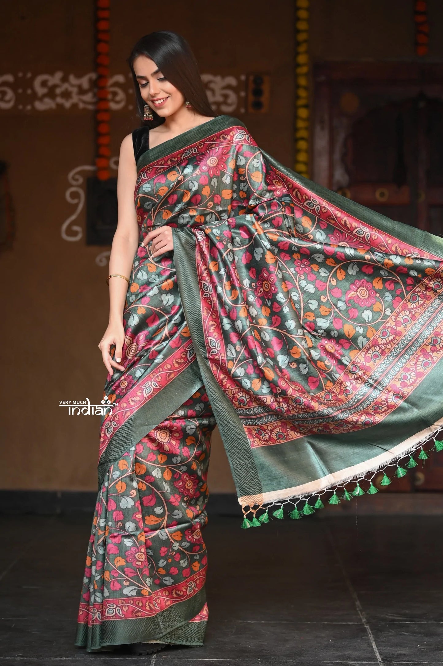 Raaga~  Olive Green Handloom Pure Tussar Silk with Kalamkari and Floral Prints