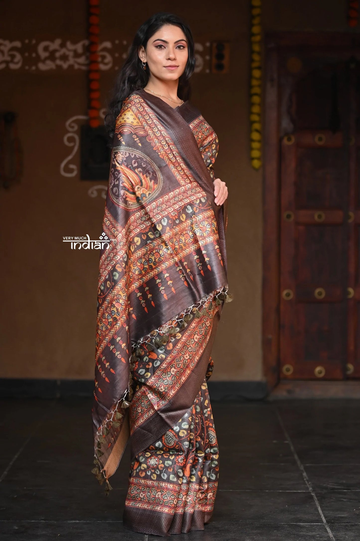 Raaga~ Classic Brown Handloom Pure Desi Tussar Silk with Kalamkari and Floral Prints