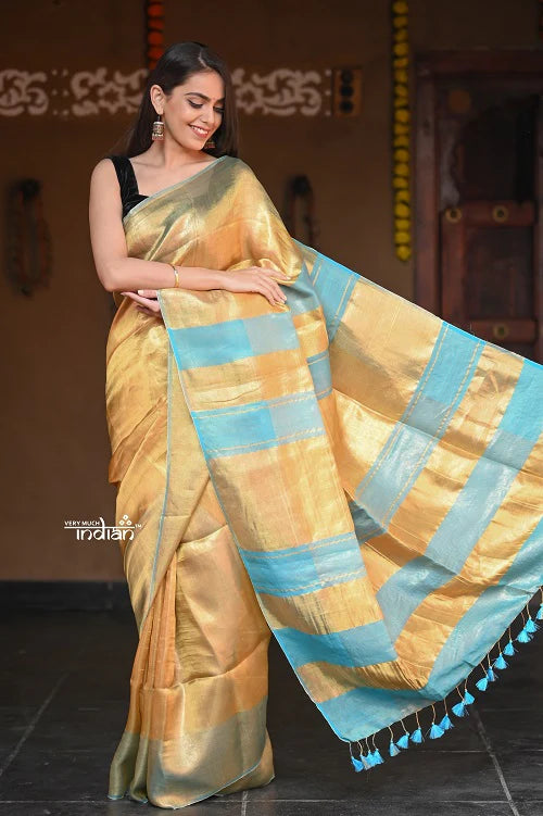 Raaga Exquisite Golden Pure Tissue Saree With Sea Blue