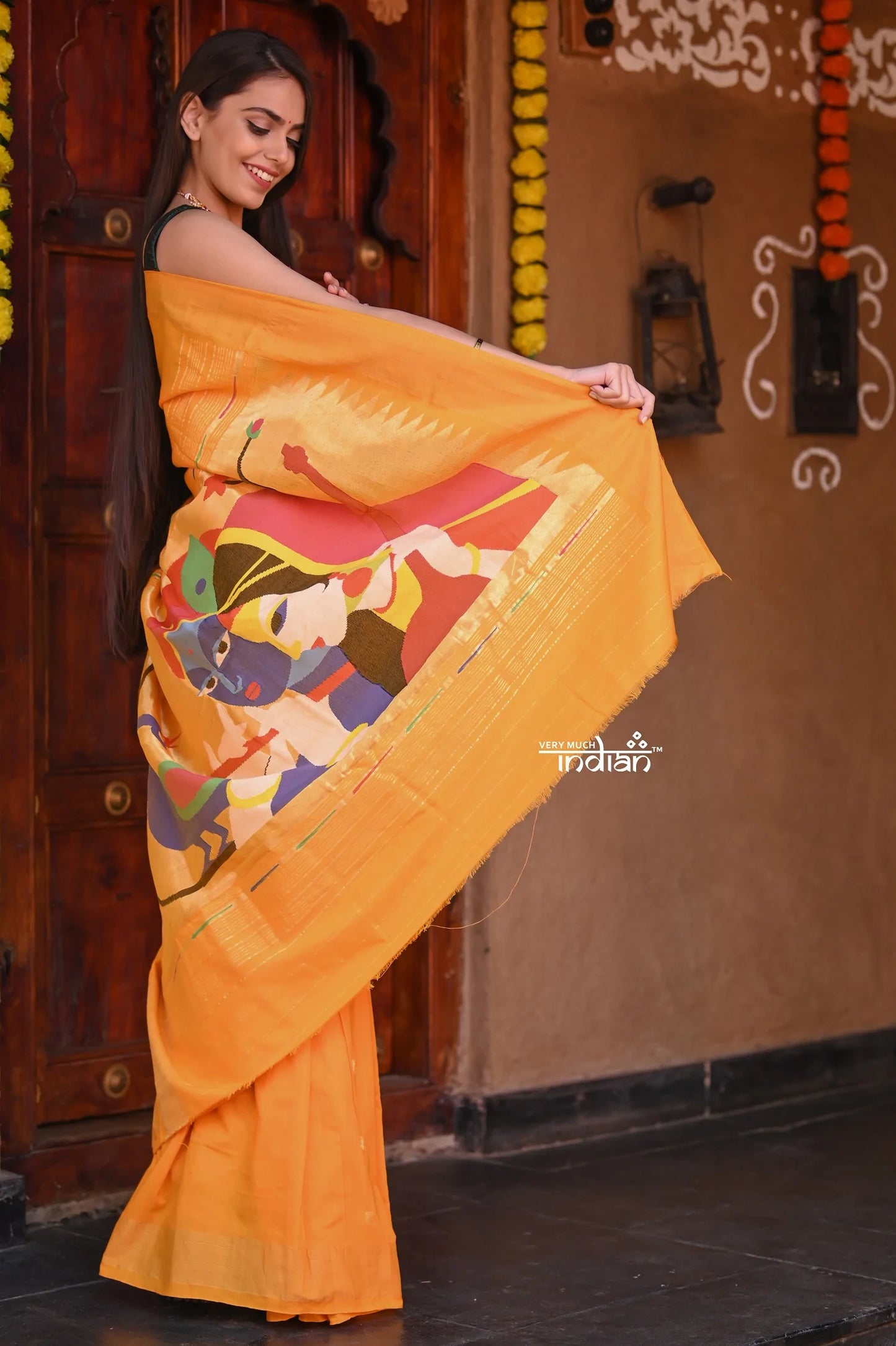 Raaga~ Traditional Handloom Pure Cotton Turmeric Yellow Paithani with Unique Radha Krishna Pallu