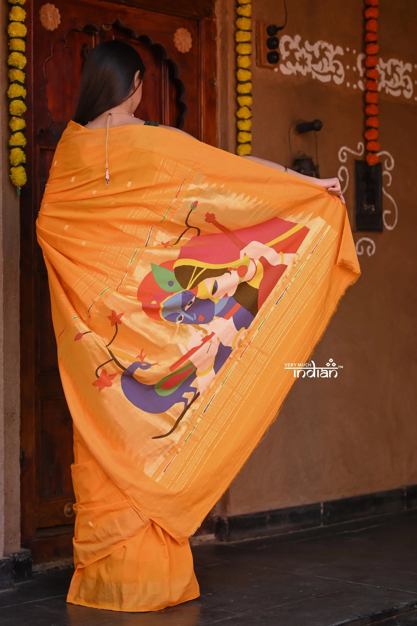 Raaga~ Traditional Handloom Pure Cotton Turmeric Yellow Paithani with Unique Radha Krishna Pallu