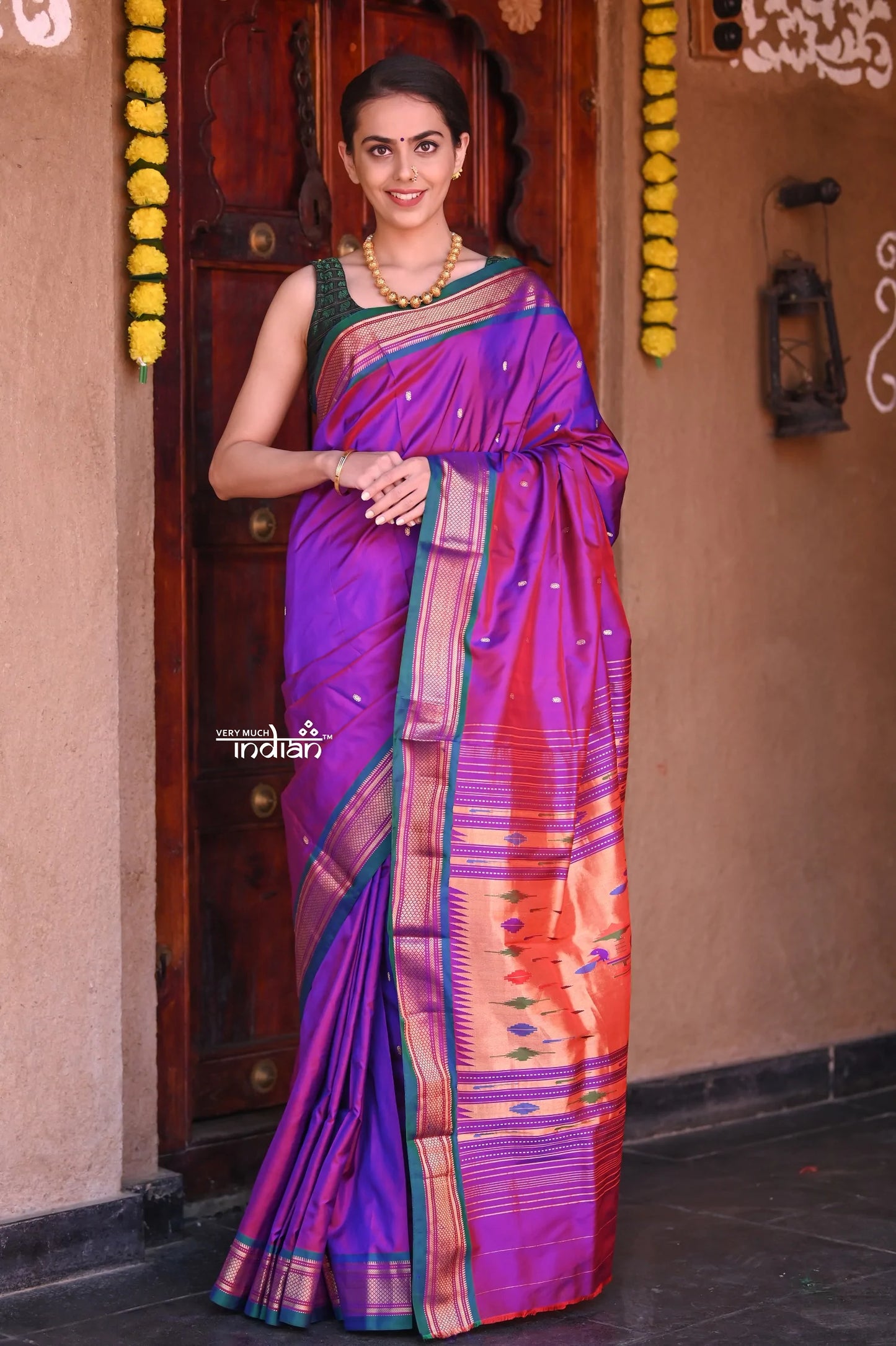 Raaga Heritage - Traditional Handloom Pure Silk Wine Paithani with Peacocks Pallu