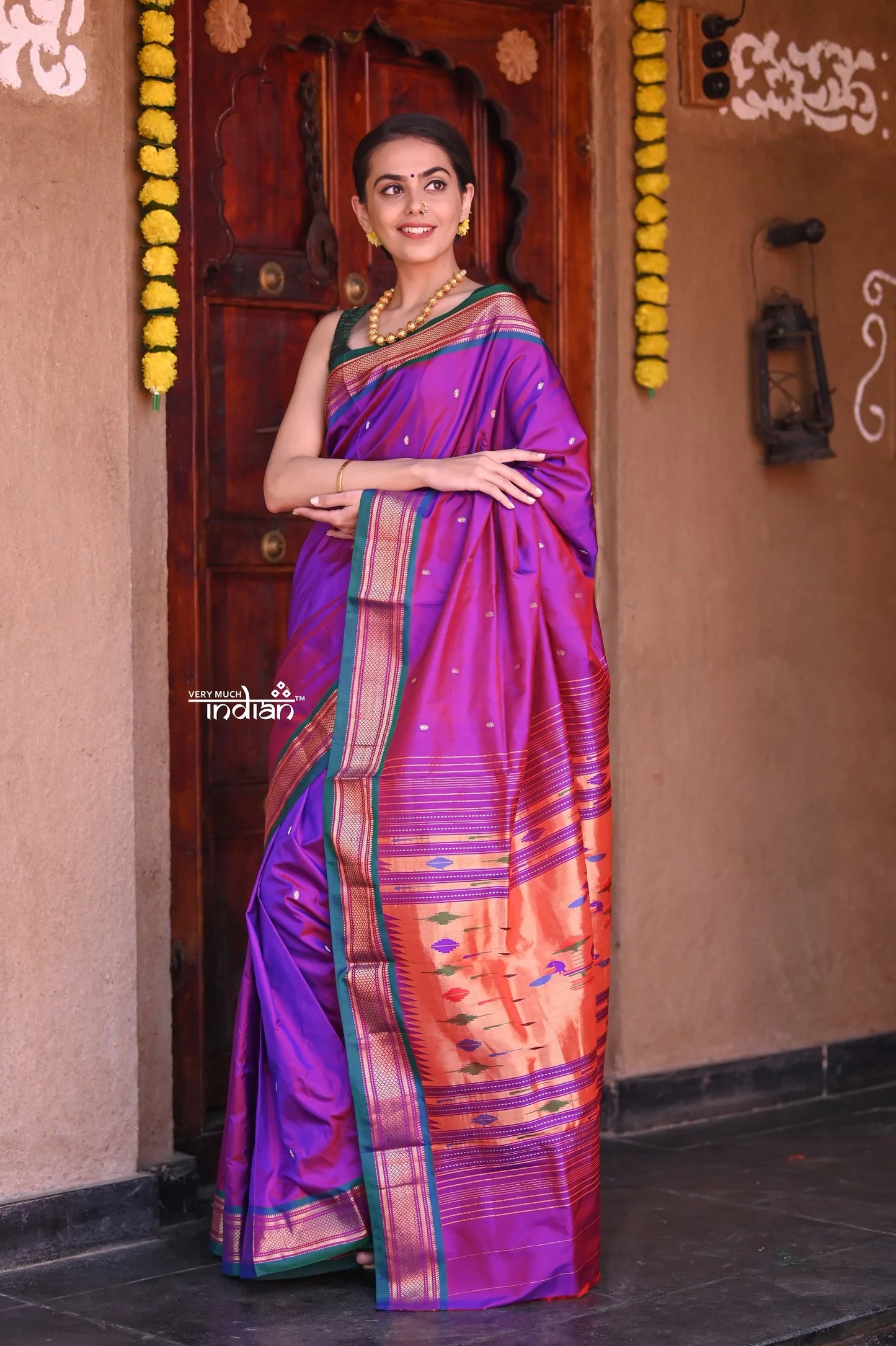 Raaga Heritage - Traditional Handloom Pure Silk Wine Paithani with Peacocks Pallu