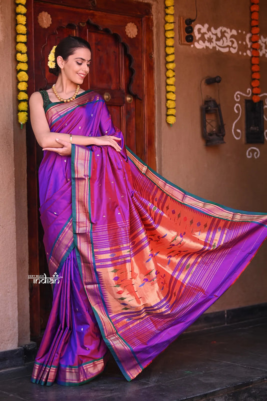 Raaga Heritage - Traditional Handloom Pure Silk Wine Paithani with Peacocks Pallu