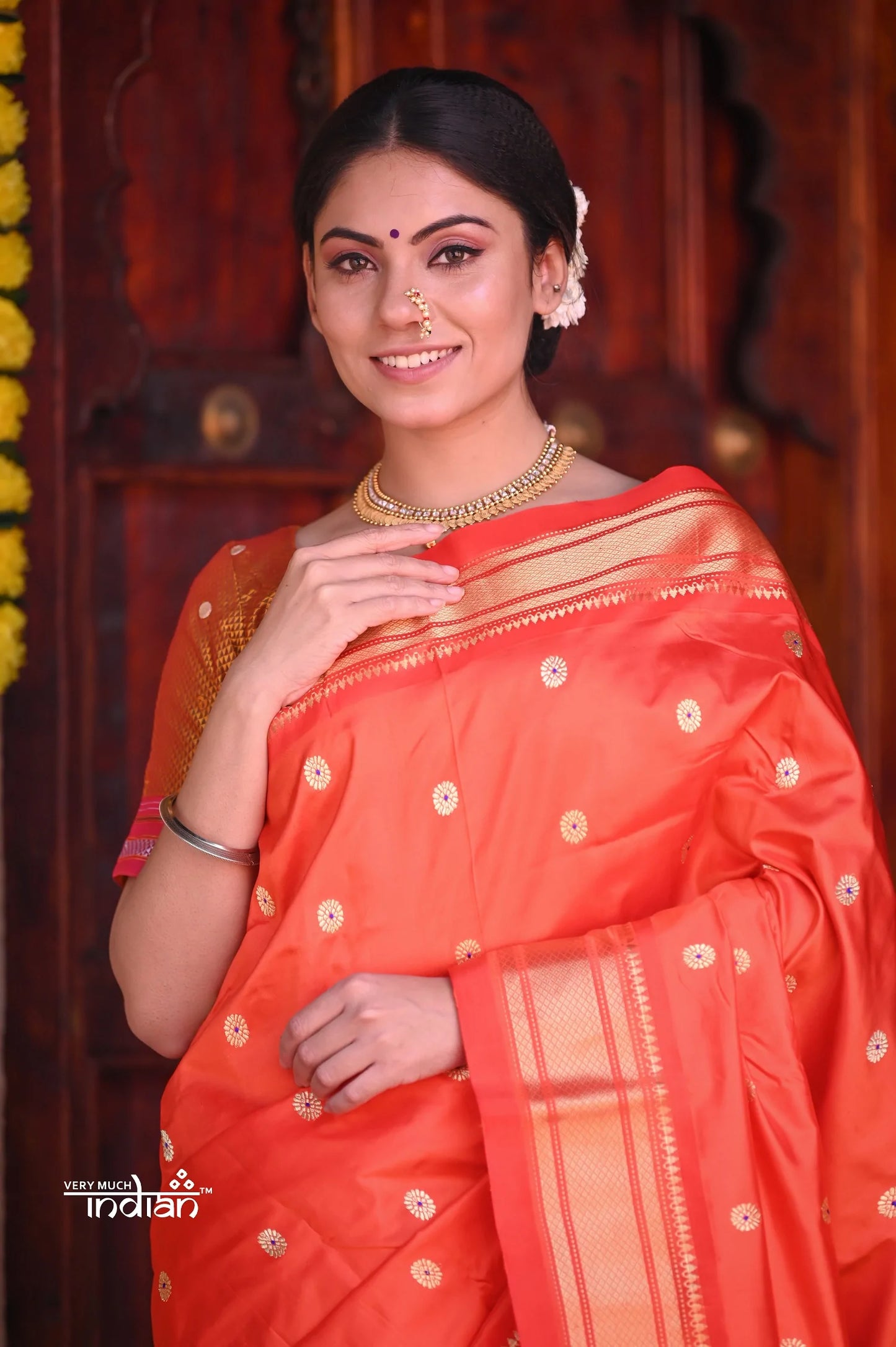 Raaga~Traditional Handloom Pure Silk Orange Paithani with Grand Peacocks Pallu