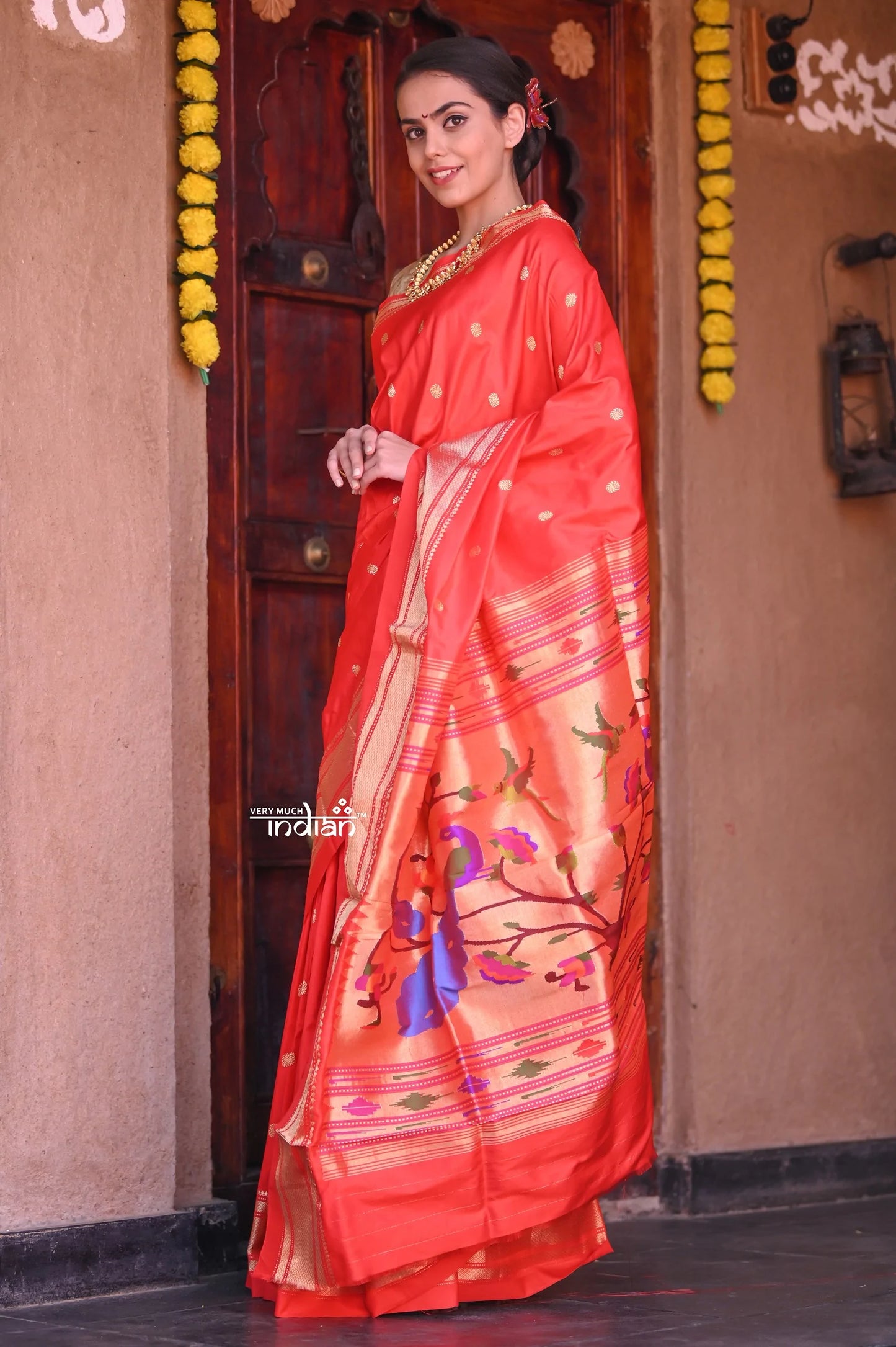 Raaga~ Traditional Handloom Pure Silk Hot Red Paithani with Golden Border and Unique Pallu (Exclusive piece by senior weavers)