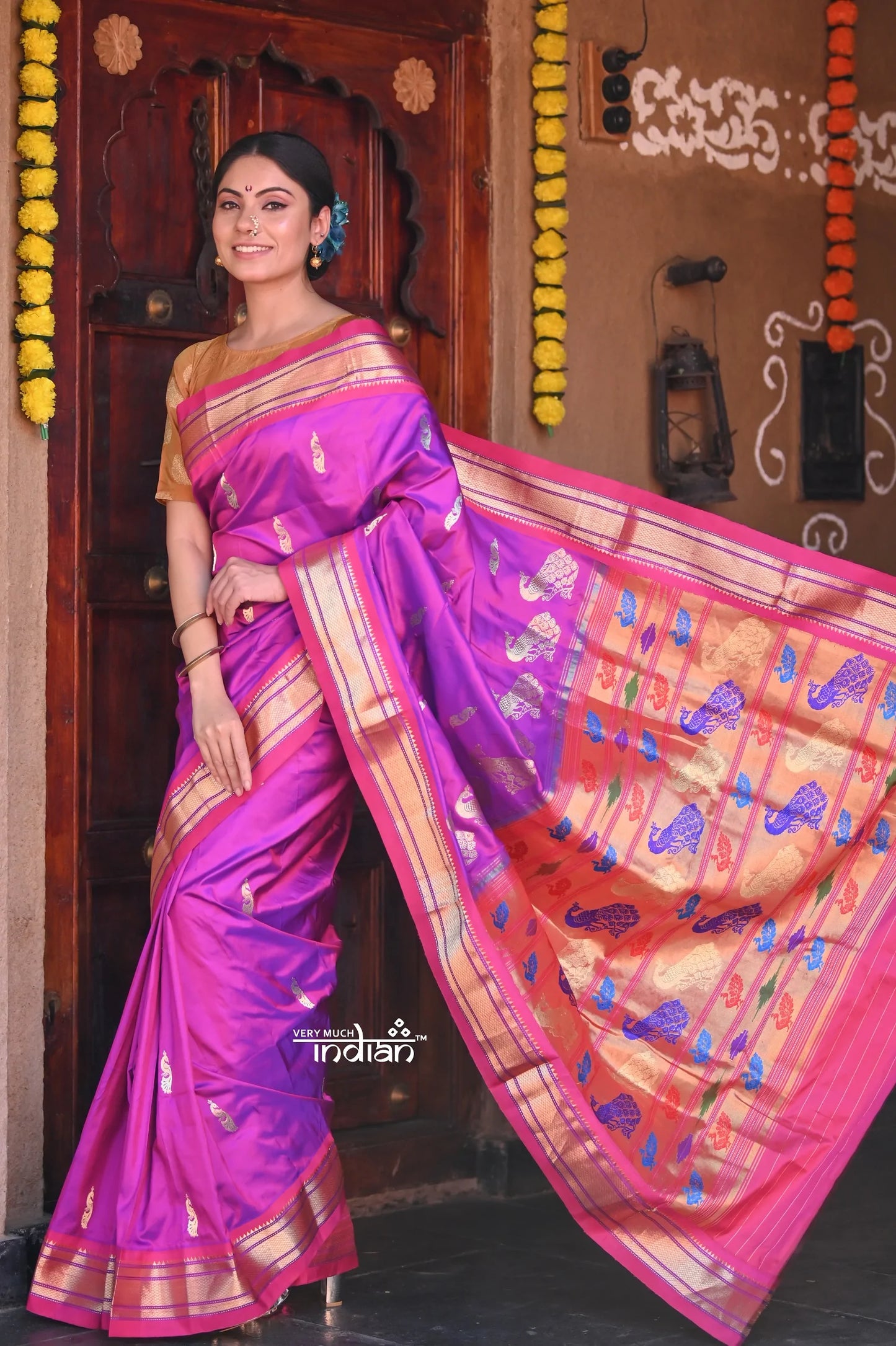 Raaga~ Traditional Handloom Pure Silk Violet Paithani with Pink Border and Most Traditional Pallu