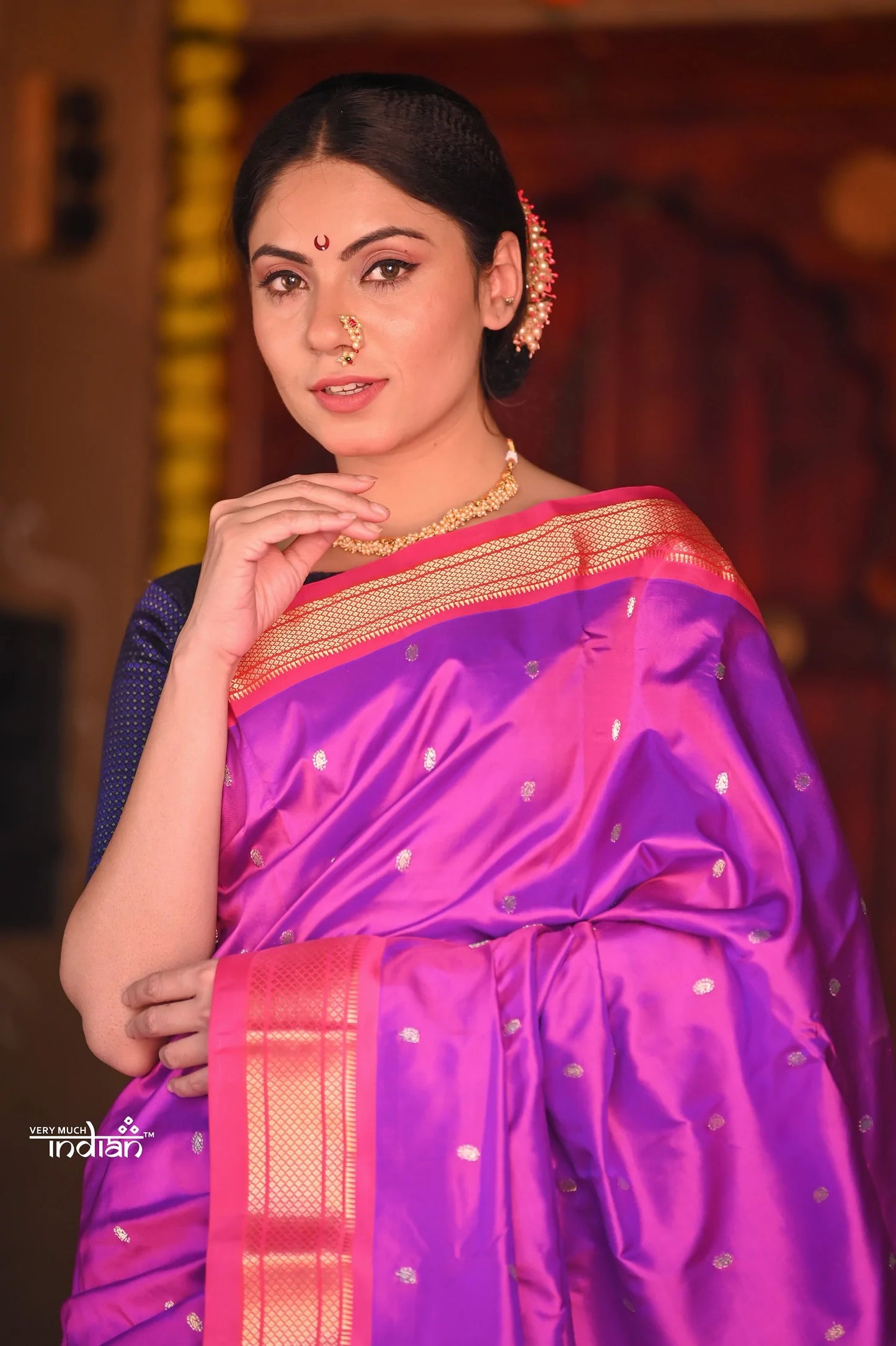 Raaga~ Traditional Handloom Pure Silk Gleaming Violet Paithani with Pink Border and Traditional Pallu